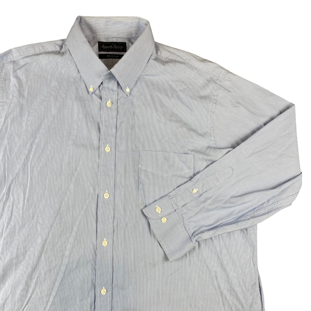 Kenneth Roberts Platinum Mens 18-1/2 34 35 Blue Stripe Cotton Dress Shirt